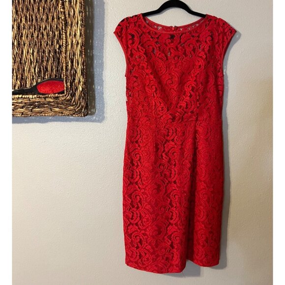 Banana Republic Sheath Dress 8 Red Stretch Lace Cap Sleeve Career Church Party - Picture 9 of 11